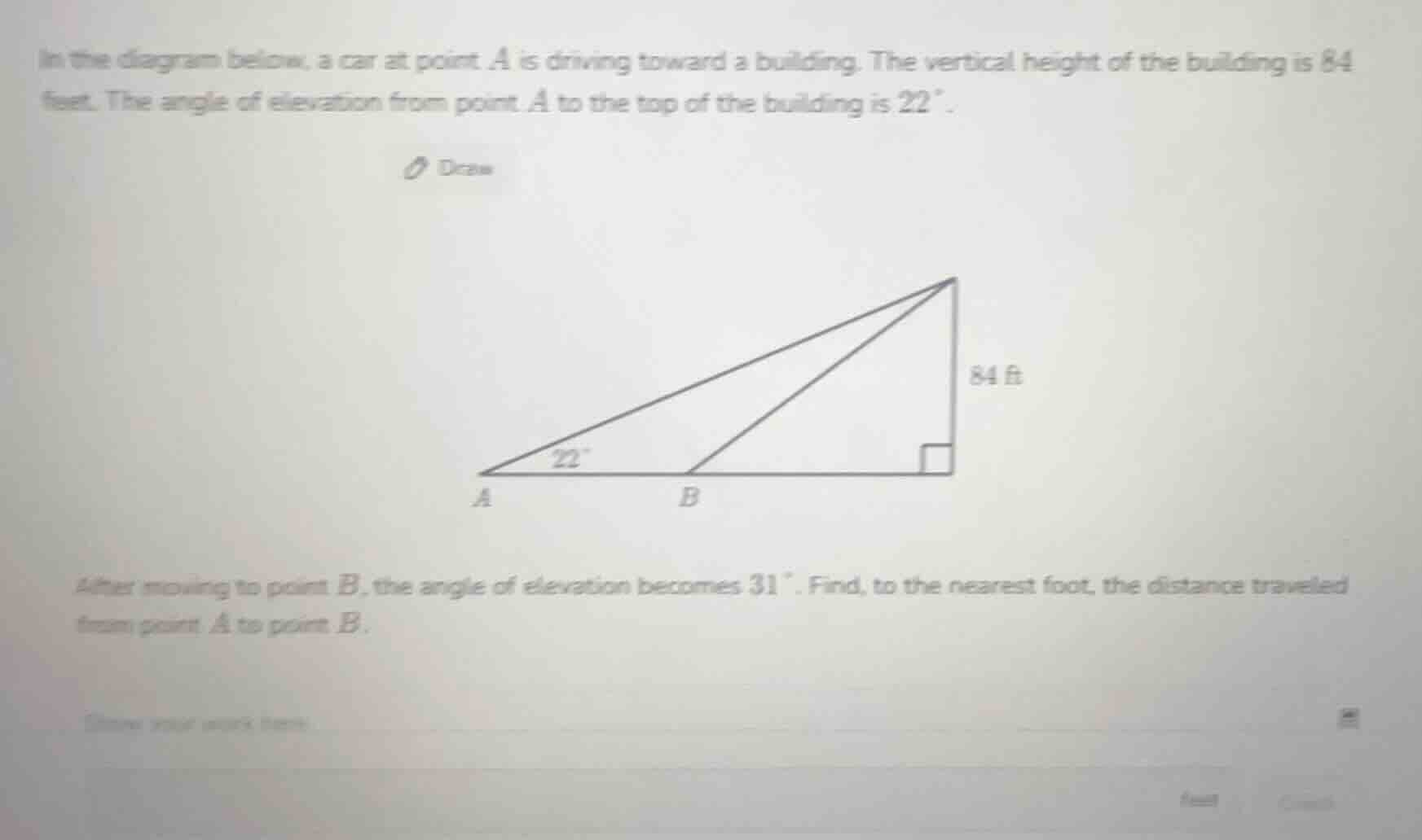 in the diagram below, a car at point a is driving toward a building. th…