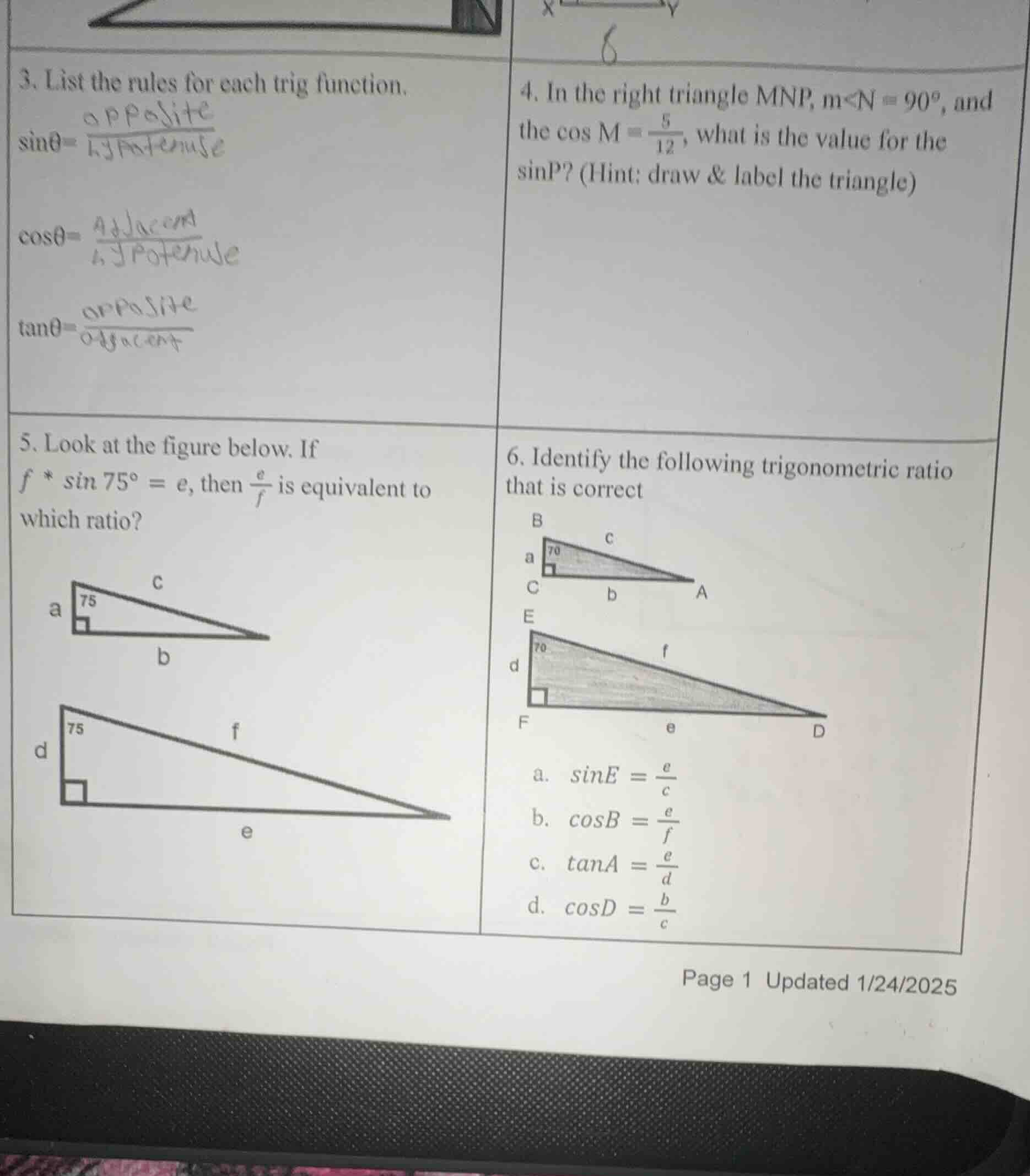 3. list the rules for each trig function. \\(\\sin\\theta=\\frac{\\text…