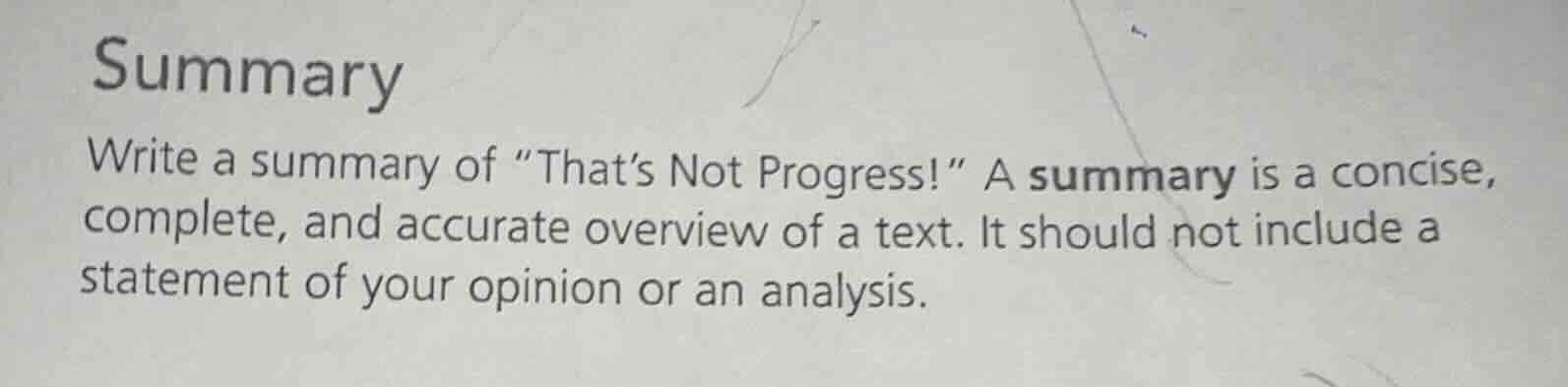 summary write a summary of \that’s not progress!\ a summary is a concis…
