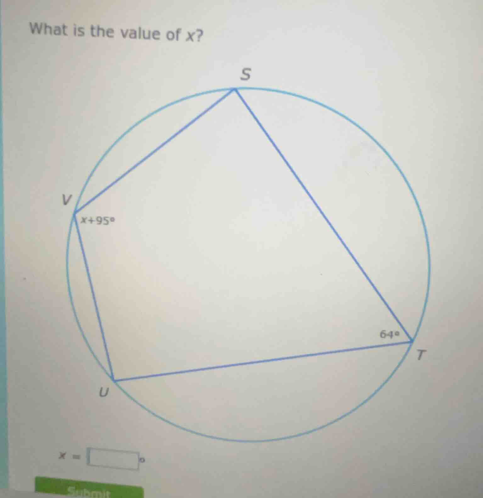 what is the value of x? (there is a circle with a quadrilateral v s t u…