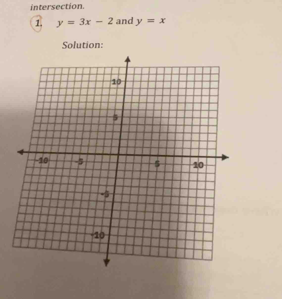 intersection. 1. \\( y = 3x - 2 \\) and \\( y = x \\) solution: