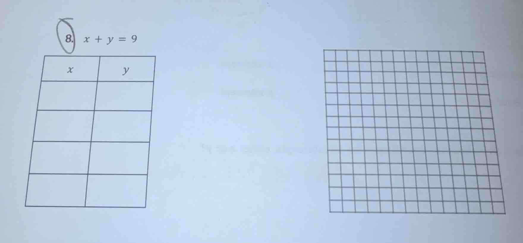 8. $x + y = 9$ | $x$ | $y$ | | --- | --- | | | | | | | | | | | | |