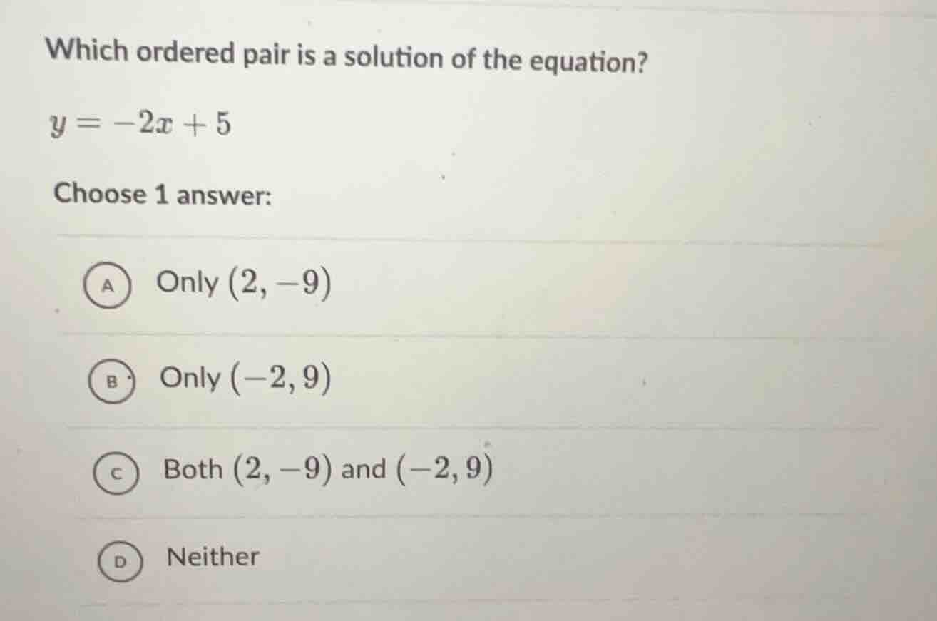 which ordered pair is a solution of the equation? y = -2x + 5 choose 1 …
