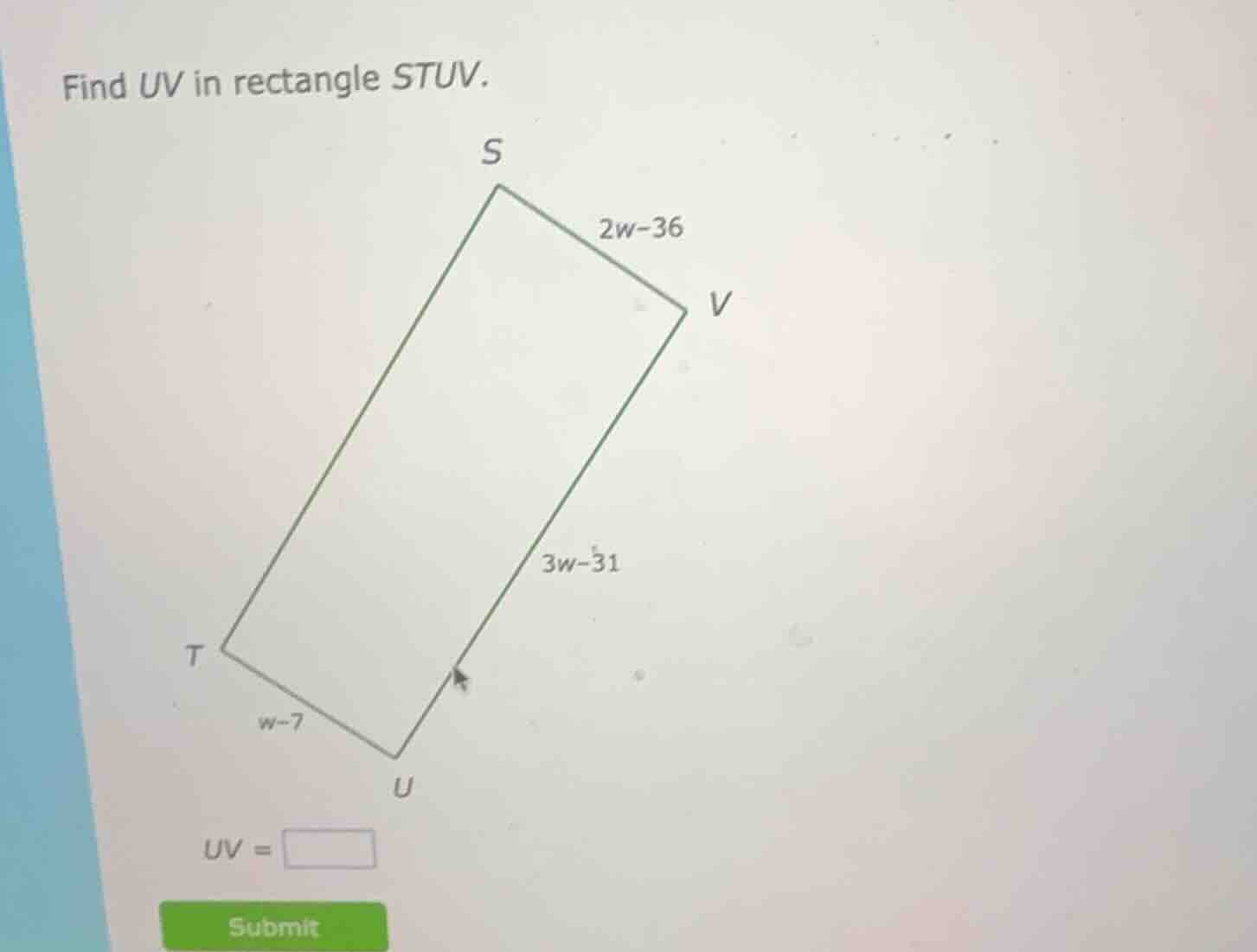 find uv in rectangle stuv. uv = submit
