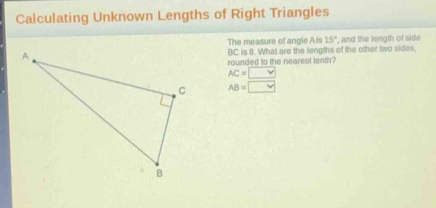 calculating unknown lengths of right triangles the measure of angle a i…