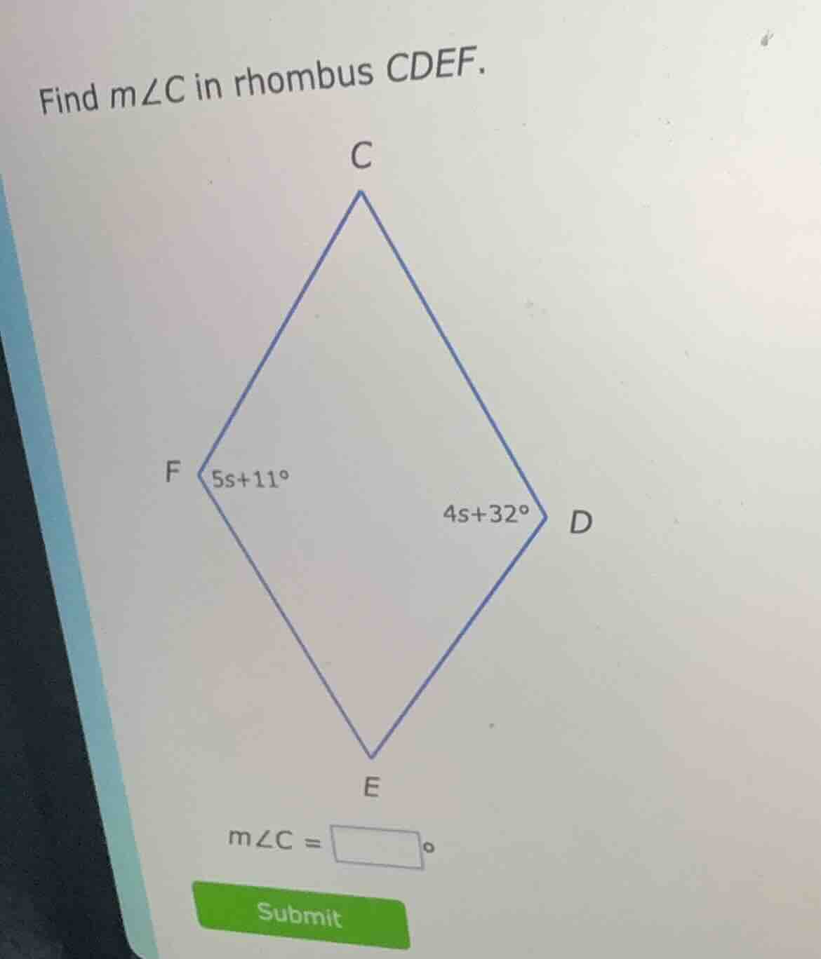 find ( mangle c ) in rhombus ( cdef ). ( mangle c = square^circ ) submit