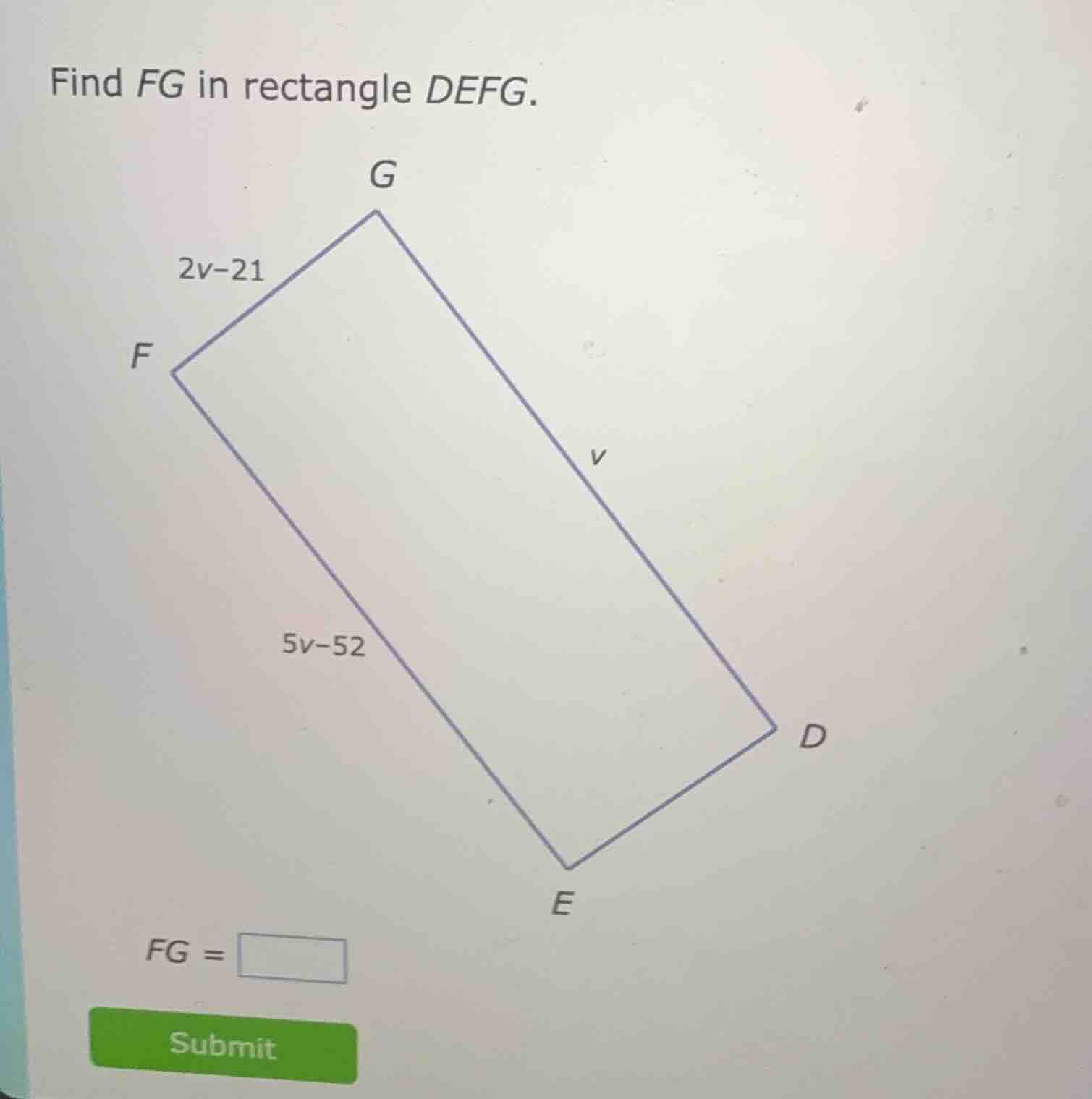 find fg in rectangle defg. fg = submit