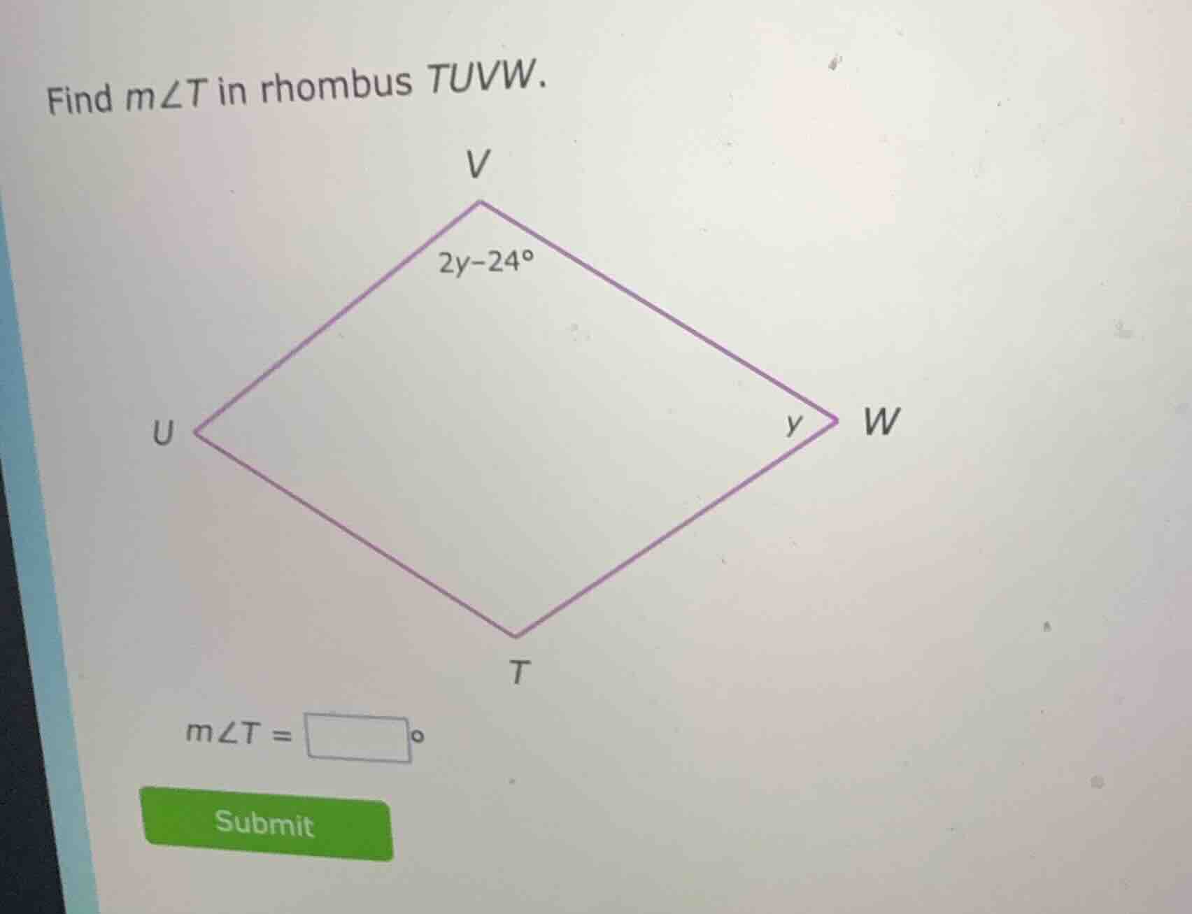 find ( mangle t ) in rhombus ( tuvw ). ( mangle t = square^circ )