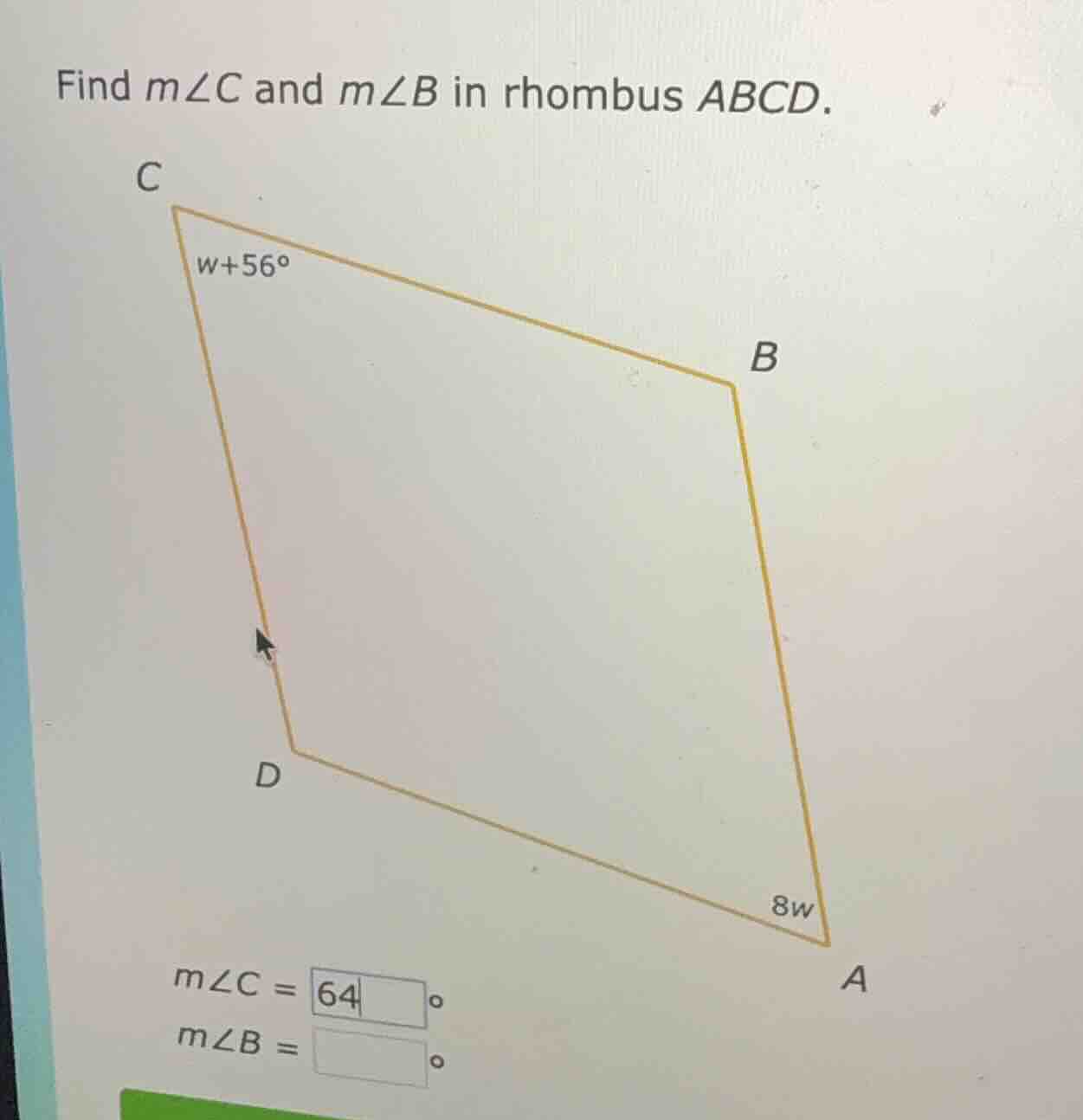find ( mangle c ) and ( mangle b ) in rhombus ( abcd ). ( mangle c = \b…