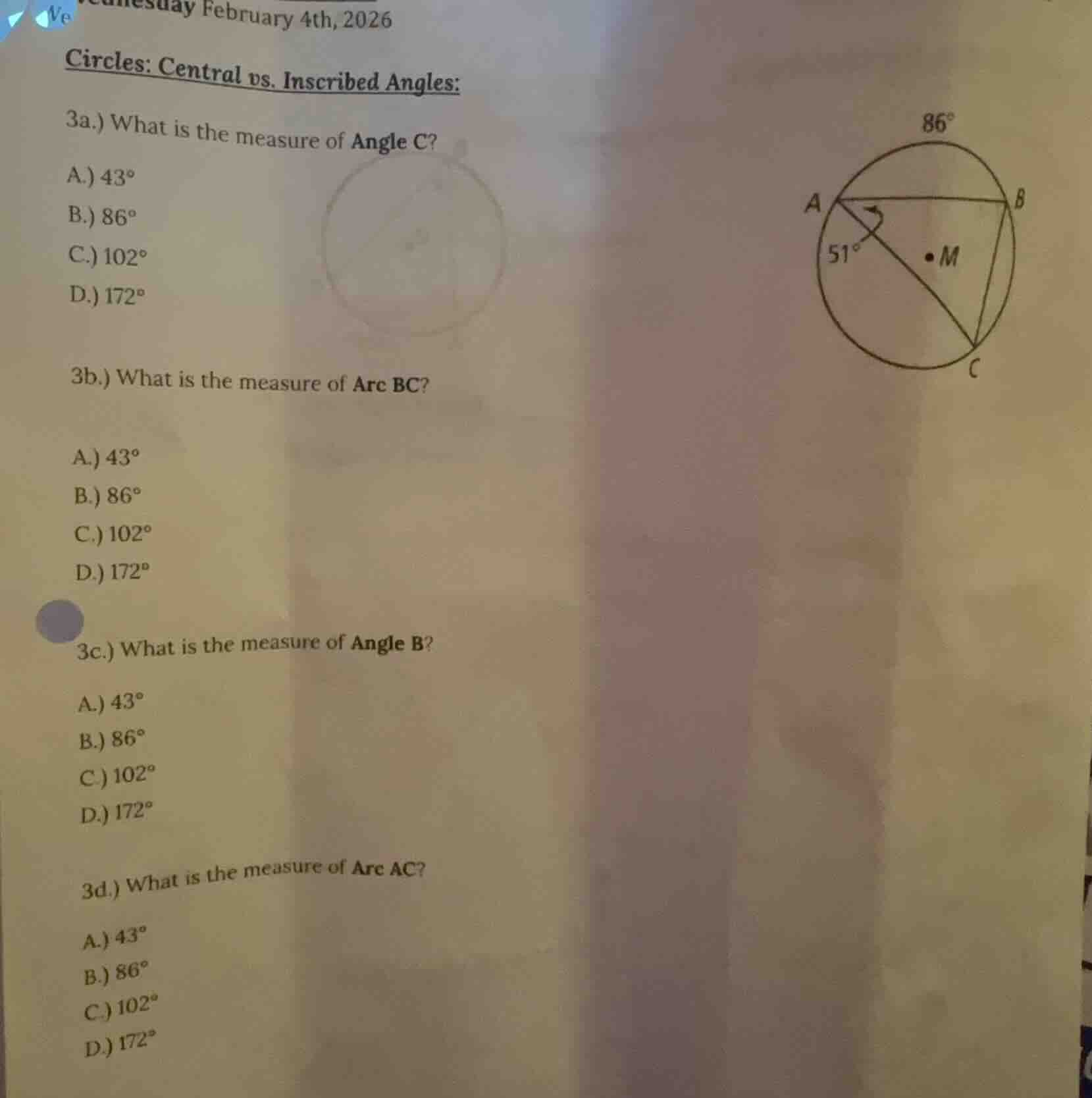 uesday february 4th, 2026 circles: central vs. inscribed angles: 3a.) w…