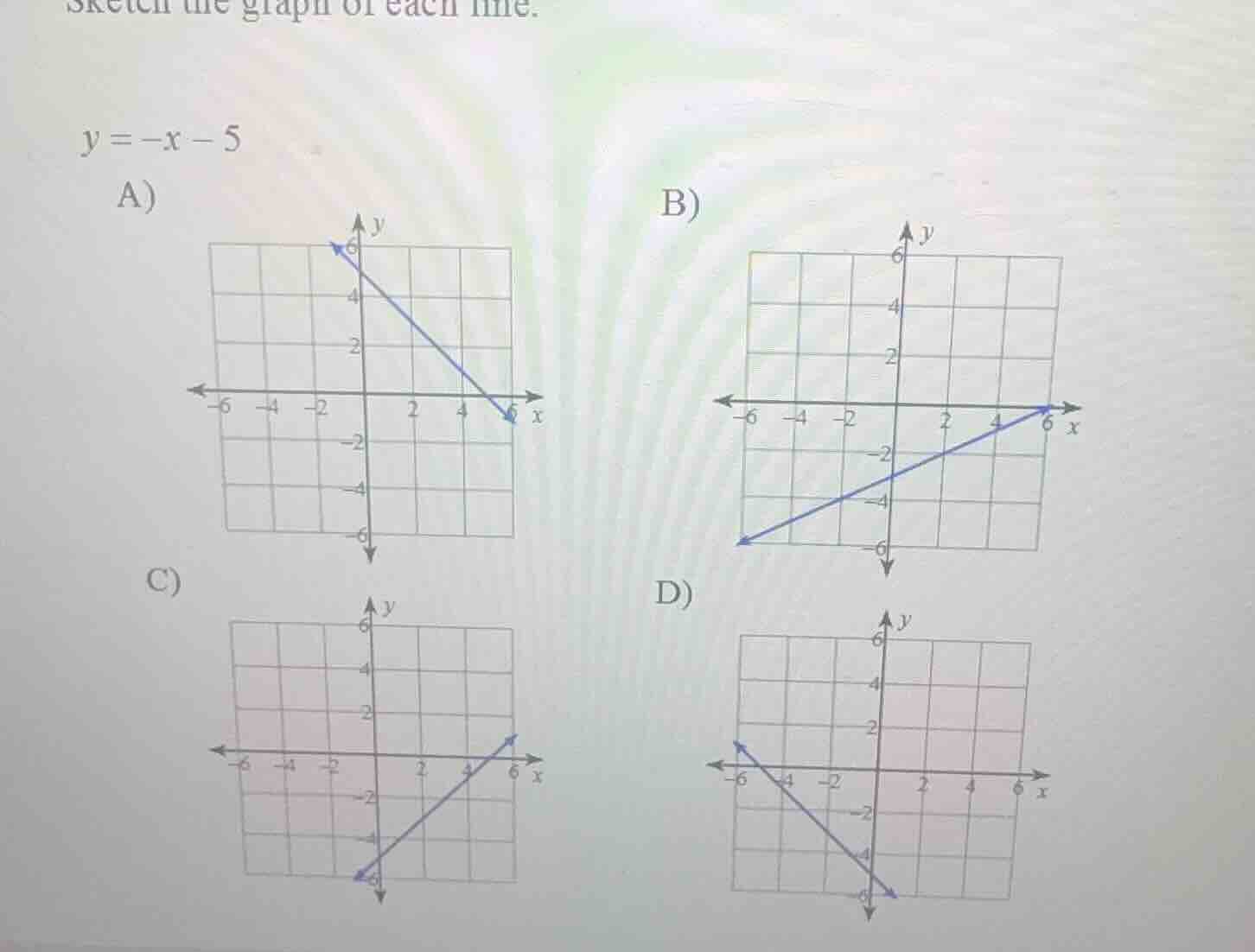 sketch the graph of each line. $y = -x - 5$ a) graph b) graph c) graph …