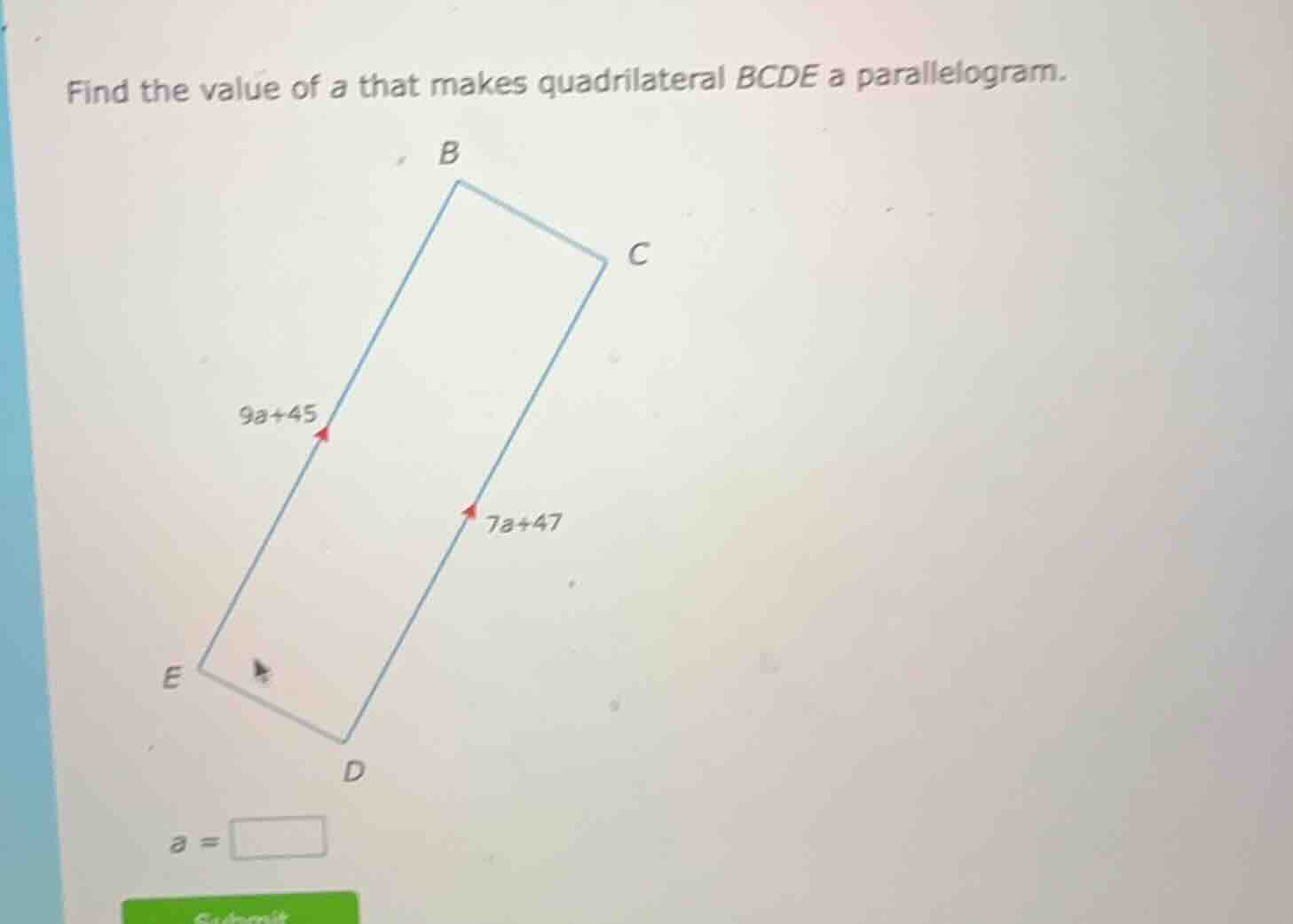 find the value of a that makes quadrilateral bcde a parallelogram. a =