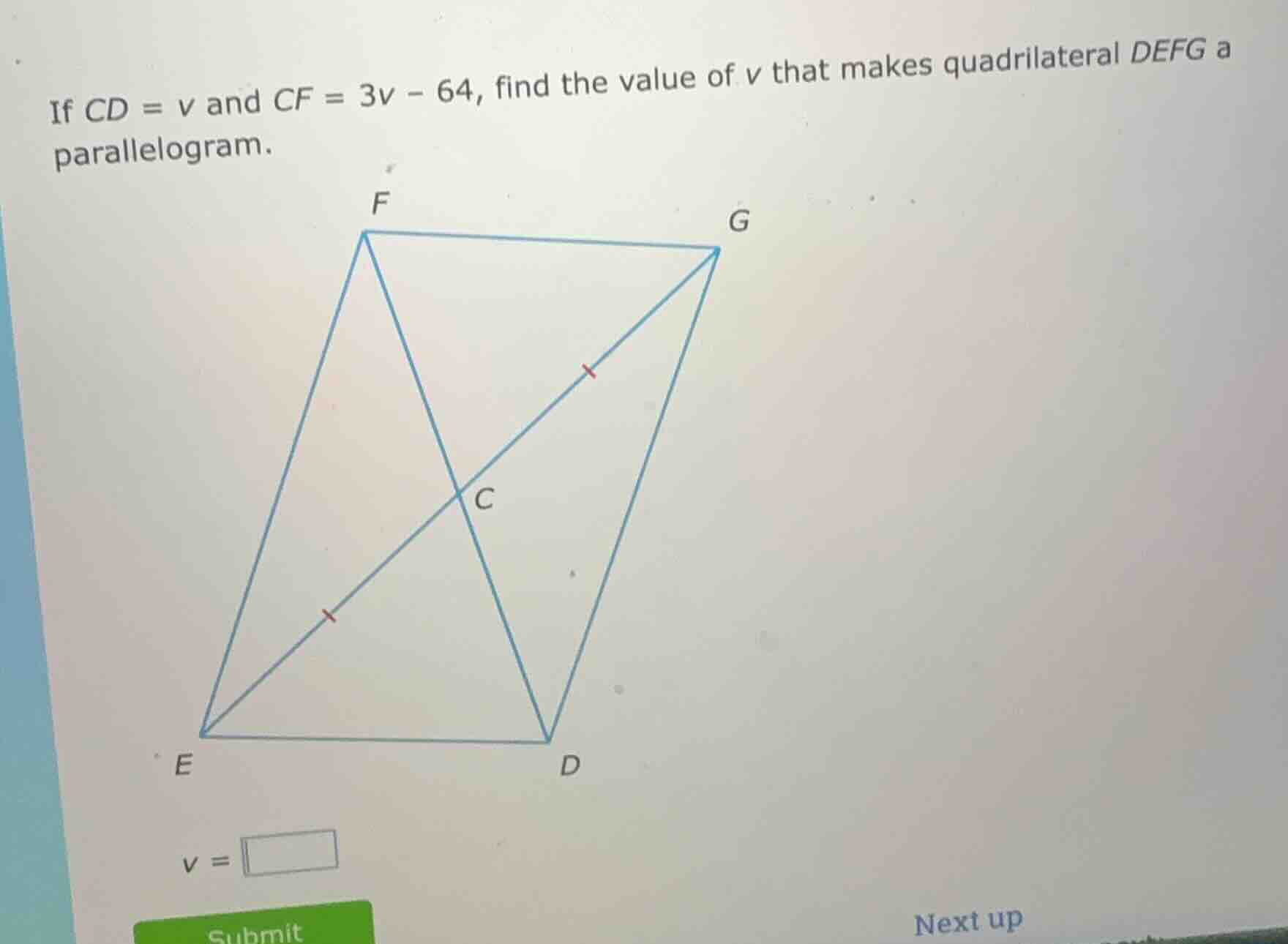 if cd = v and cf = 3v - 64, find the value of v that makes quadrilatera…