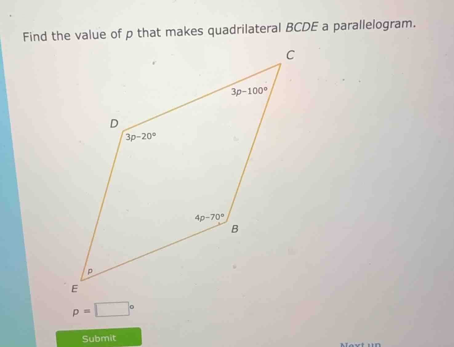 find the value of p that makes quadrilateral bcde a parallelogram. p = …