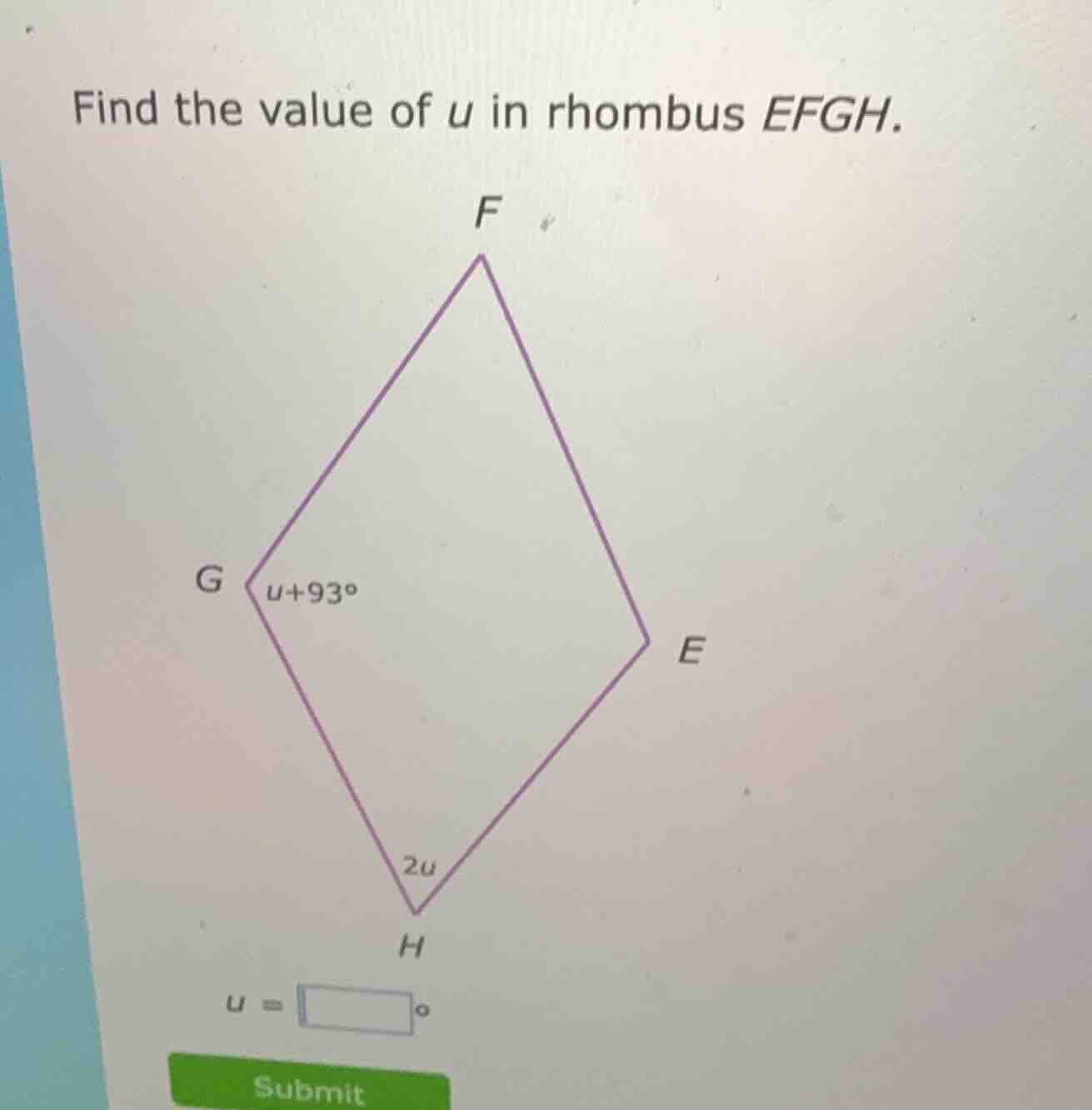 find the value of u in rhombus efgh. u = \\boxed{\\circ}