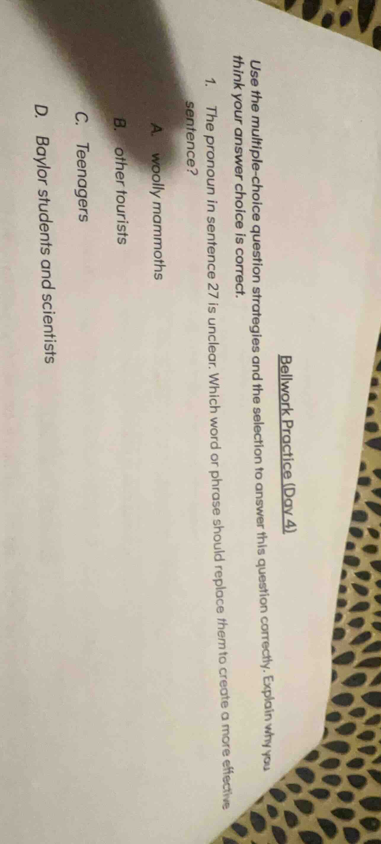 bellwork practice (day 4) use the multiple - choice question strategies…