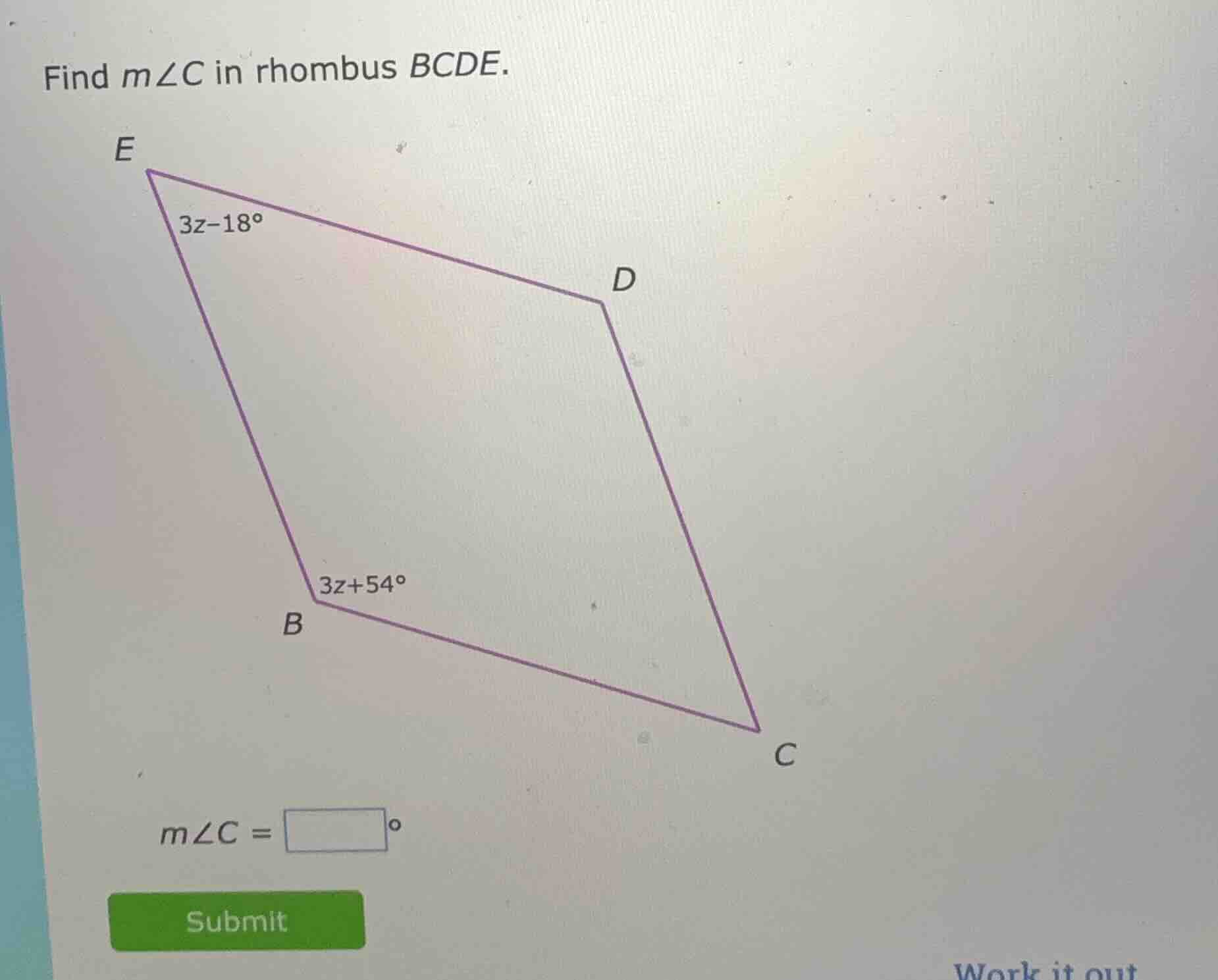 find ( mangle c ) in rhombus ( bcde ).( mangle c = square^circ )submit