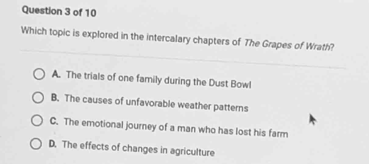 question 3 of 10 which topic is explored in the intercalary chapters of…