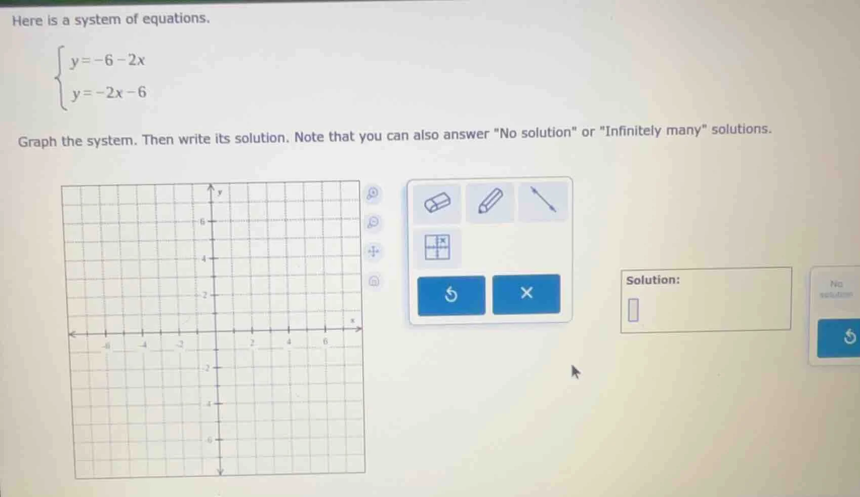 here is a system of equations. \\begin{cases} y = -6 - 2x \\\\ y = -2x …