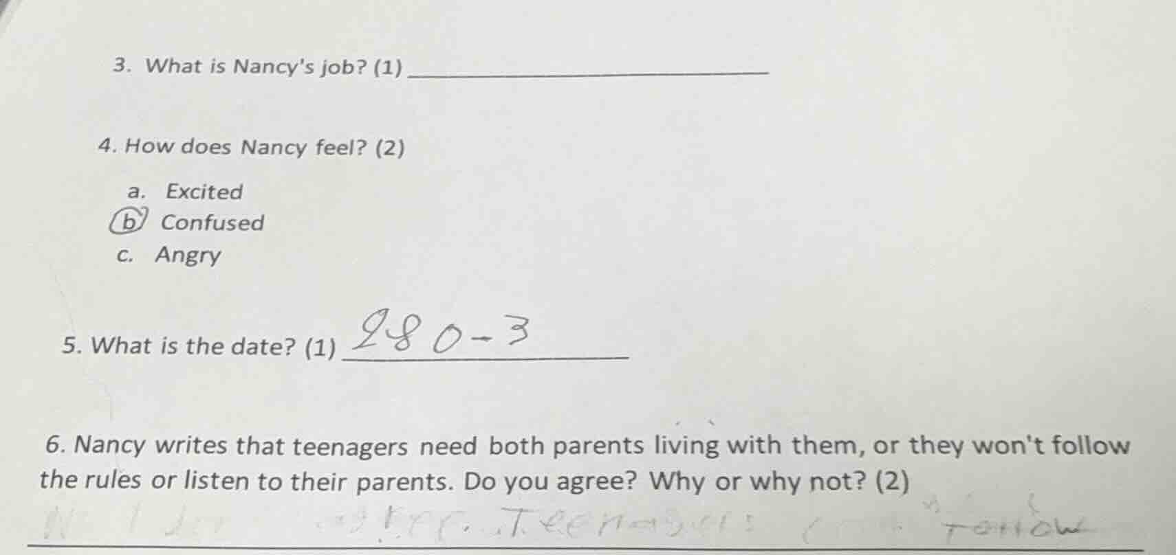 3. what is nancys job? (1) ______________ 4. how does nancy feel? (2) a…