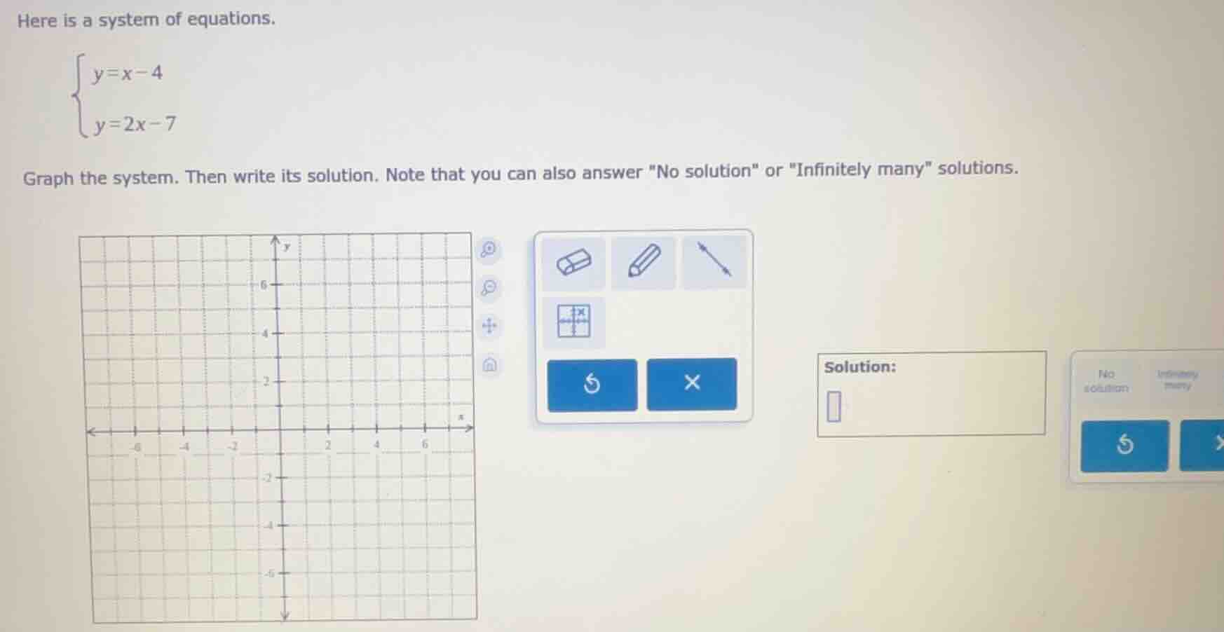 here is a system of equations. \\begin{cases} y = x - 4 \\\\ y = 2x - 7…