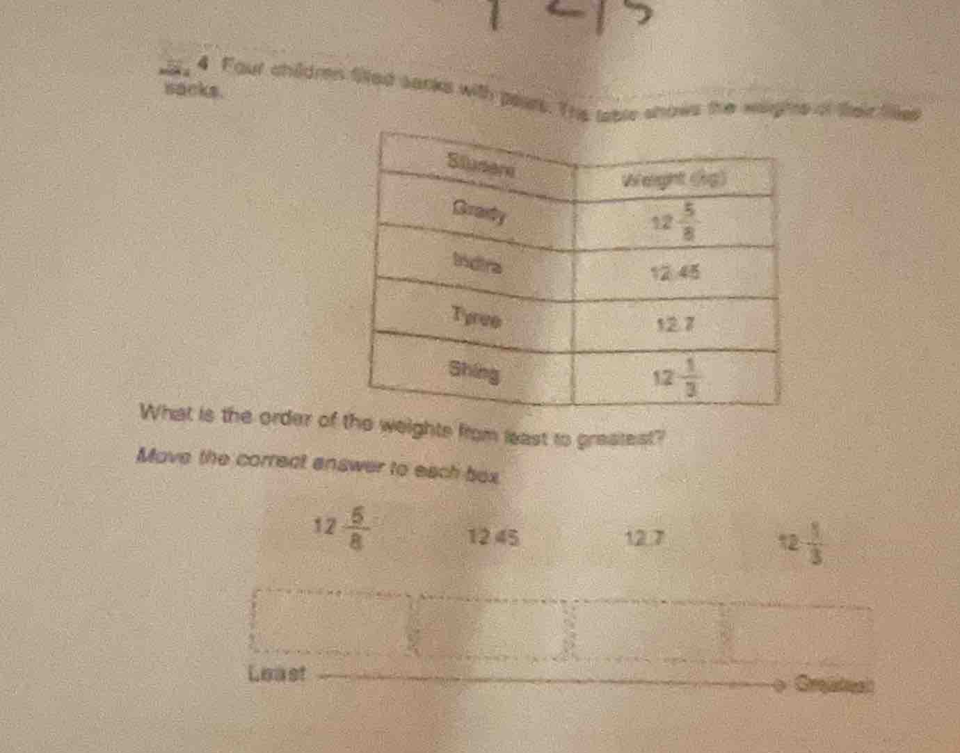 4 four children filled banks with paint. the table shows the weights of…