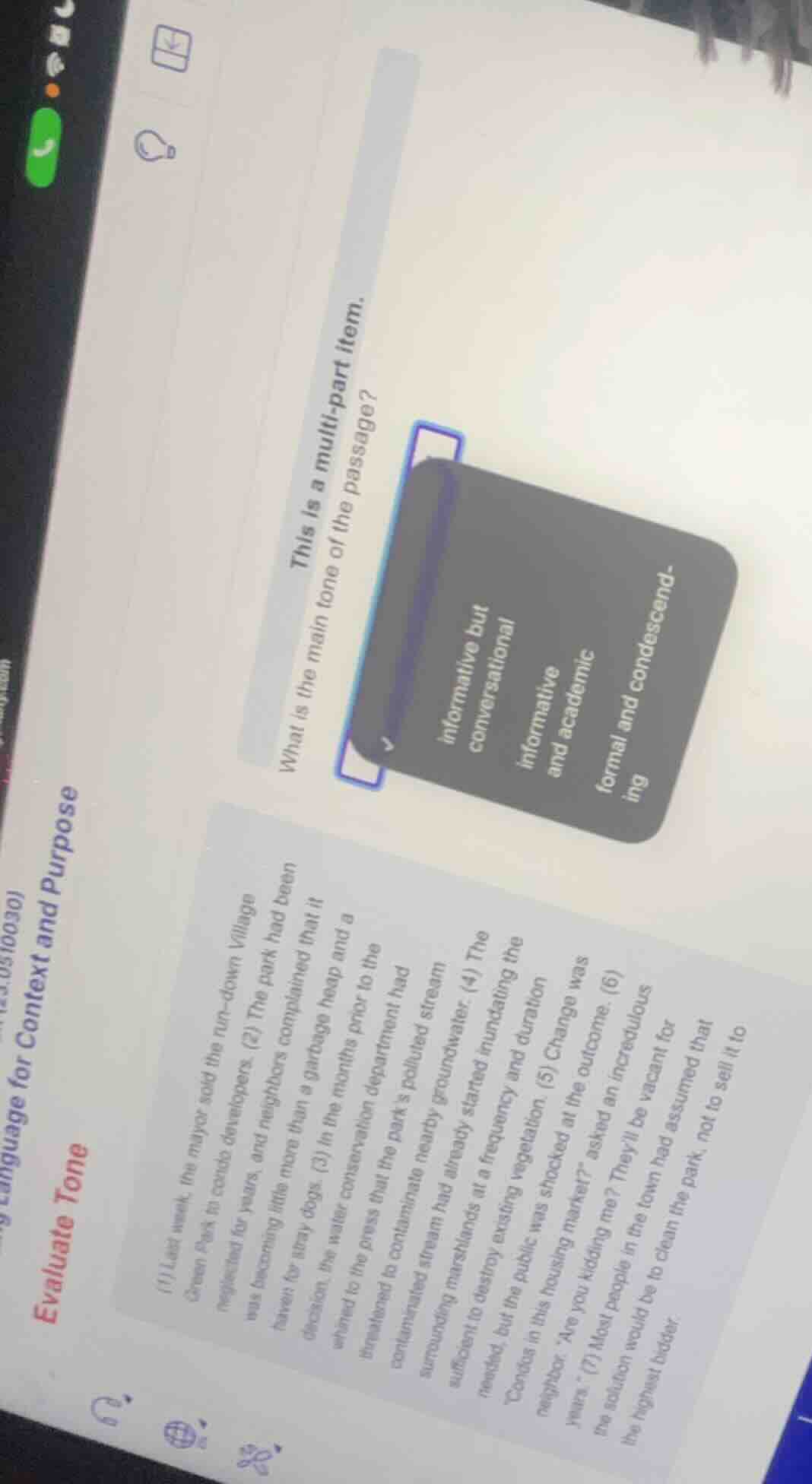 this is a multi - part item. what is the main tone of the passage? (1) …
