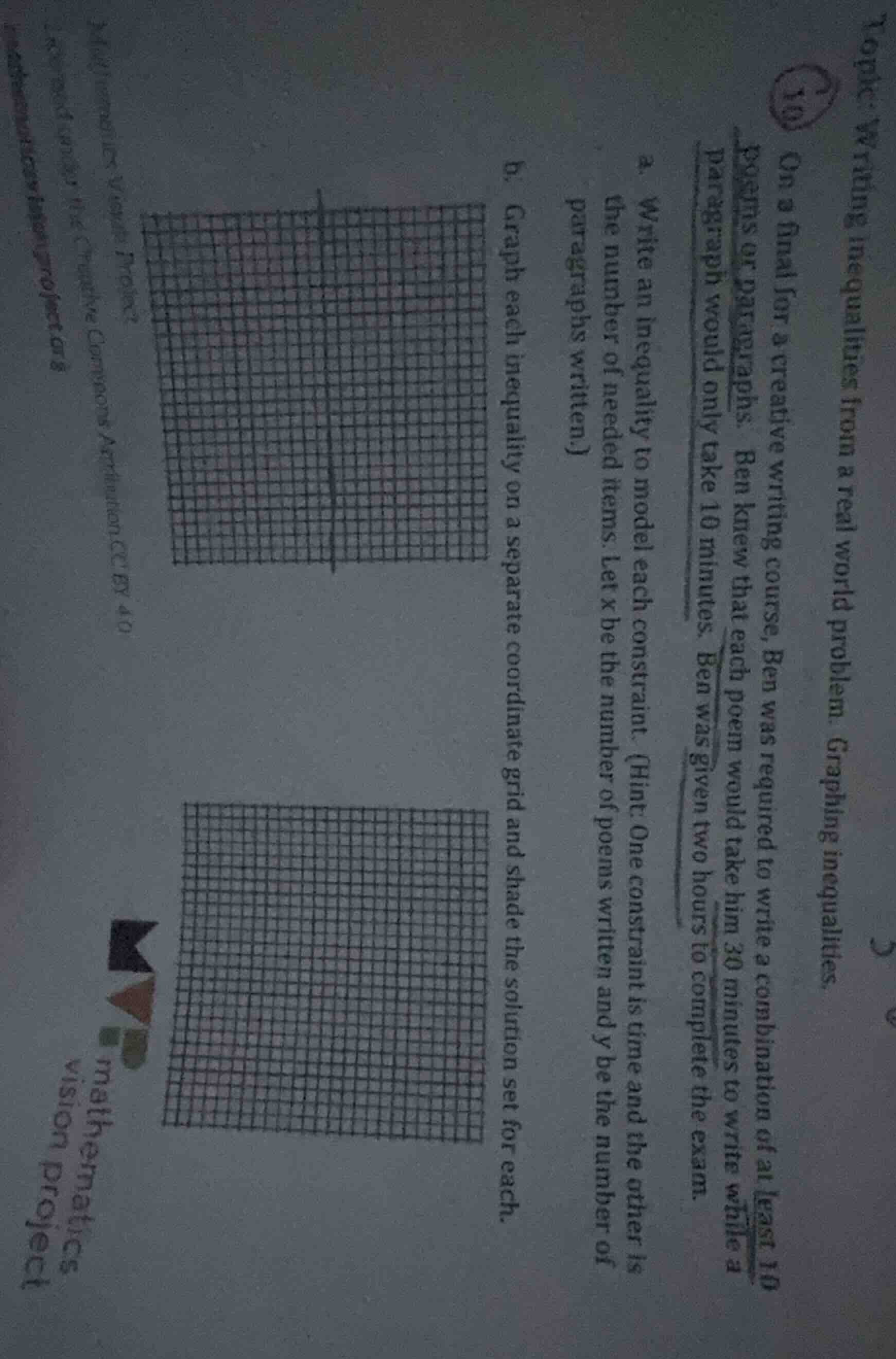 topic: writing inequalities from a real world problem. graphing inequal…