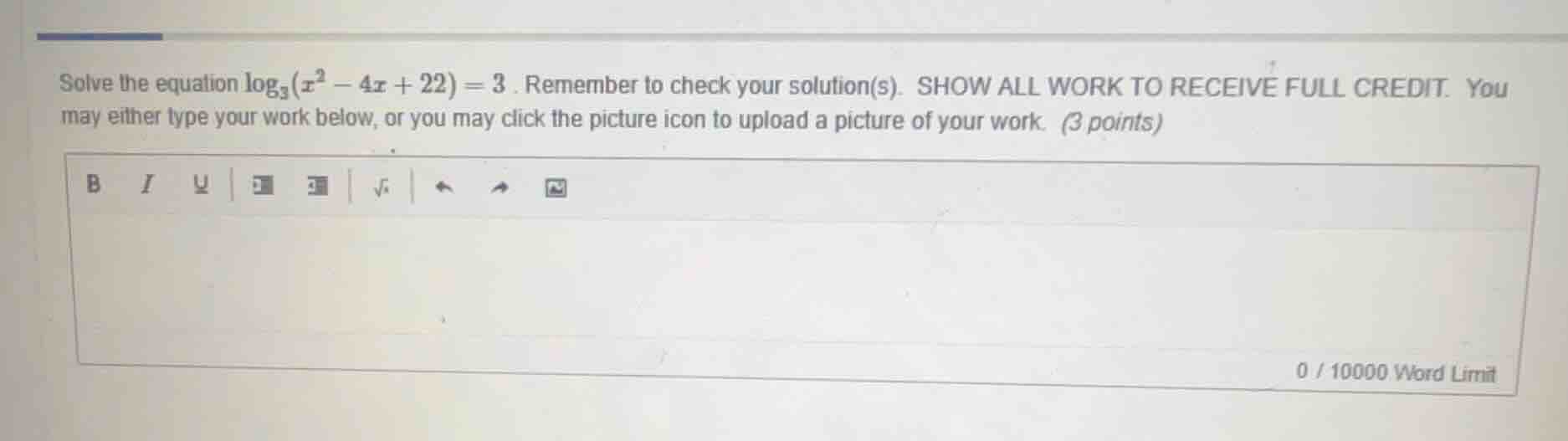 solve the equation \\(\\log_{3}(x^{2} - 4x + 22) = 3\\). remember to ch…