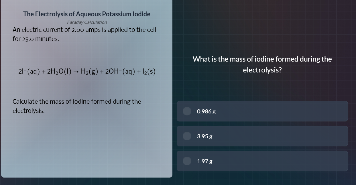 the electrolysis of aqueous potassium iodide faraday calculation an ele…