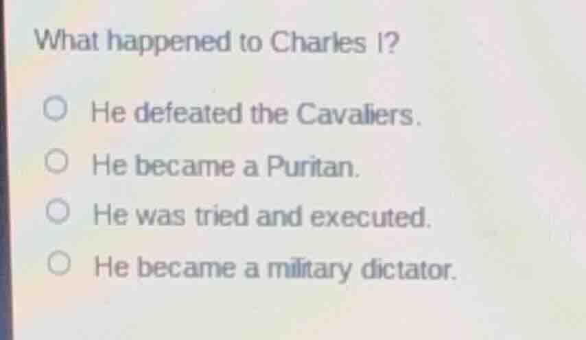 what happened to charles i? he defeated the cavaliers. he became a puri…