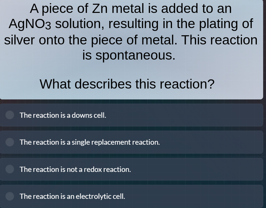 a piece of zn metal is added to an agno₃ solution, resulting in the pla…
