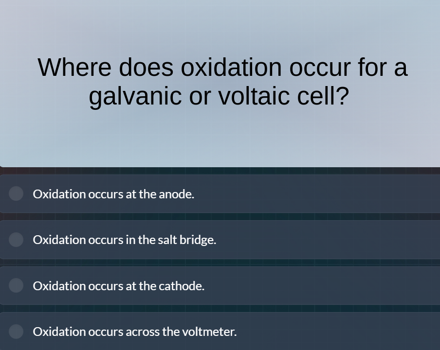where does oxidation occur for a galvanic or voltaic cell? oxidation oc…