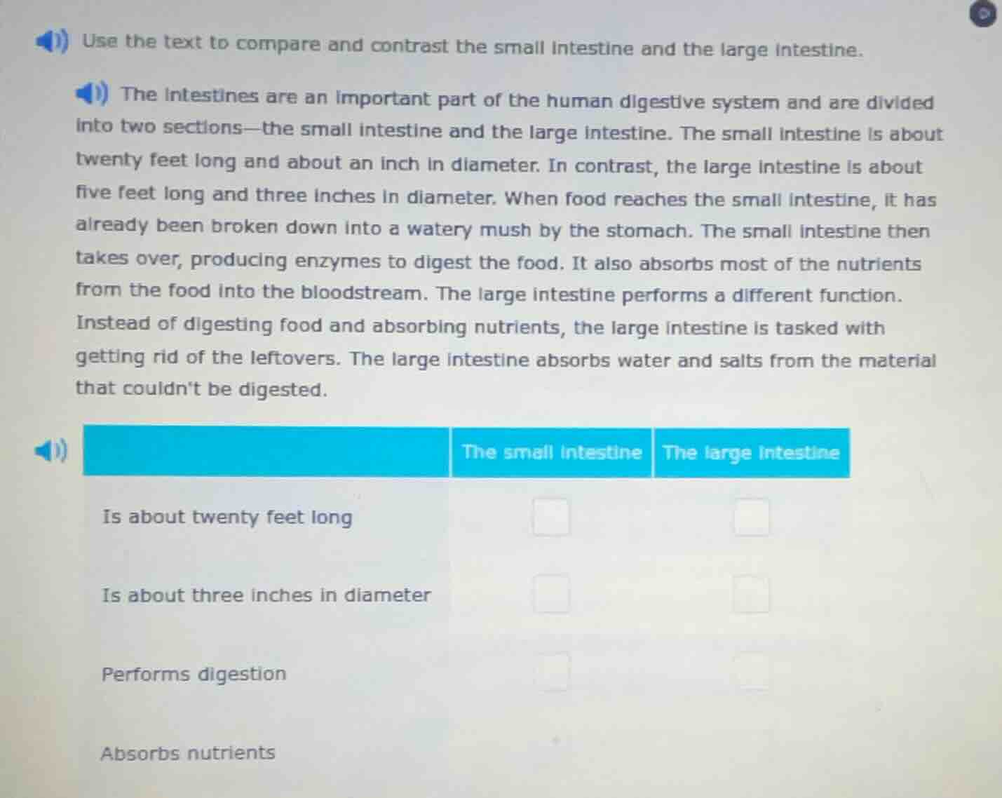 use the text to compare and contrast the small intestine and the large …