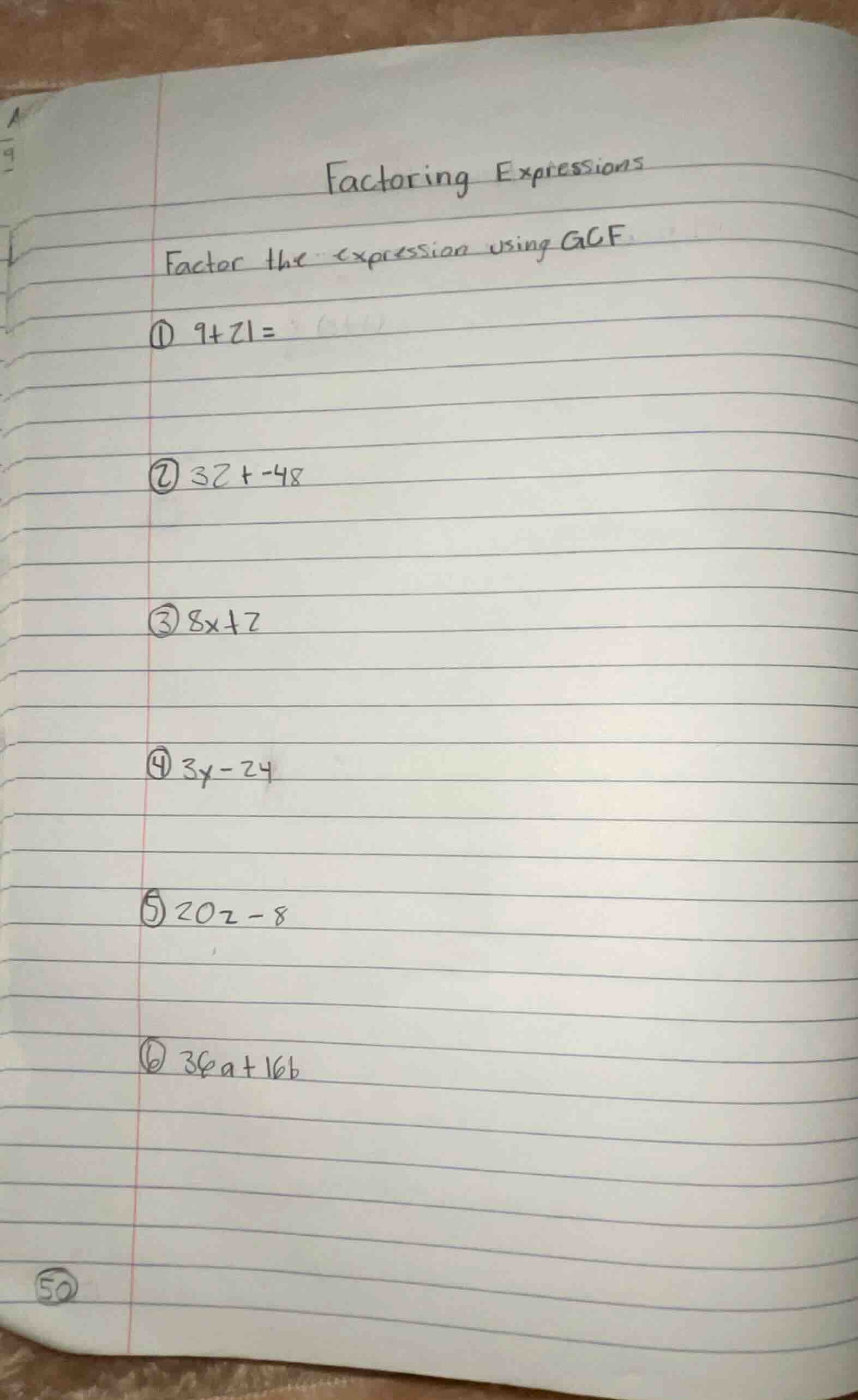 factoring expressions factor the expression using gcf ① 9+21= ② 32 + -4…