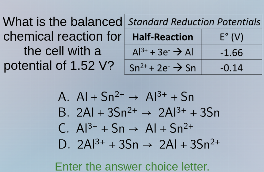 what is the balanced chemical reaction for the cell with a potential of…