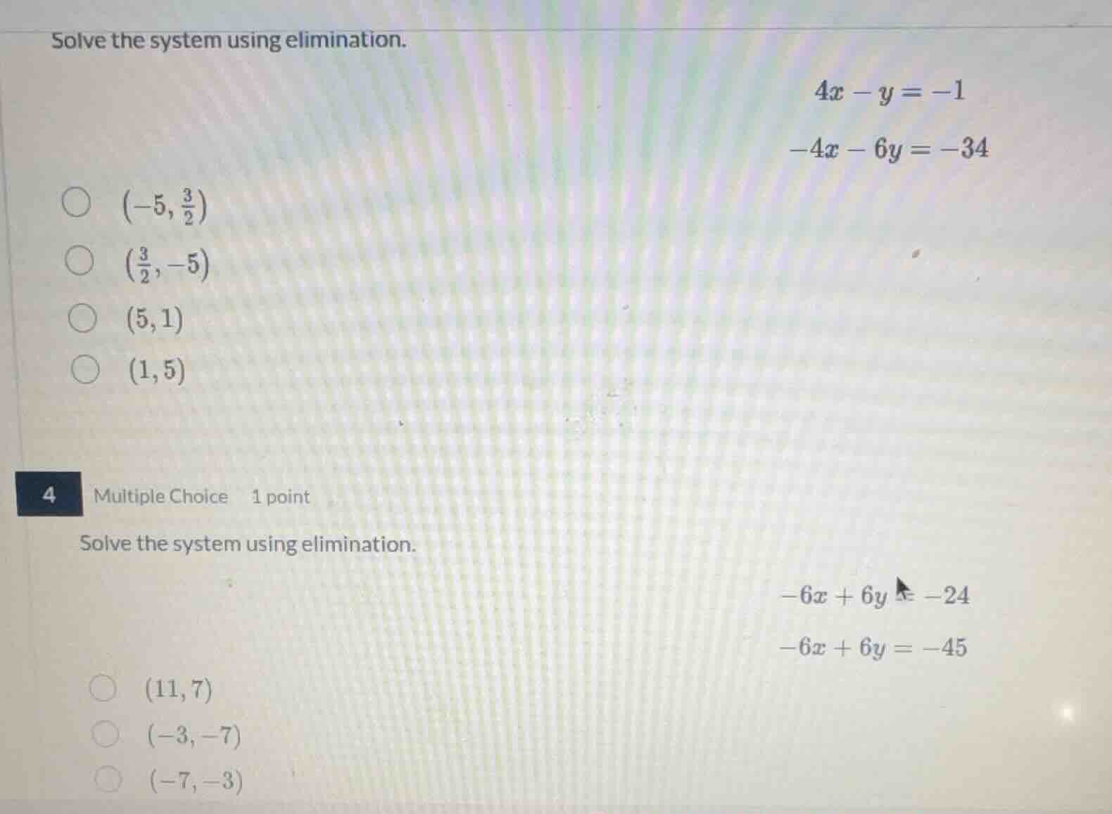 solve the system using elimination. $4x - y = -1$ $-4x - 6y = -34$ $\\b…