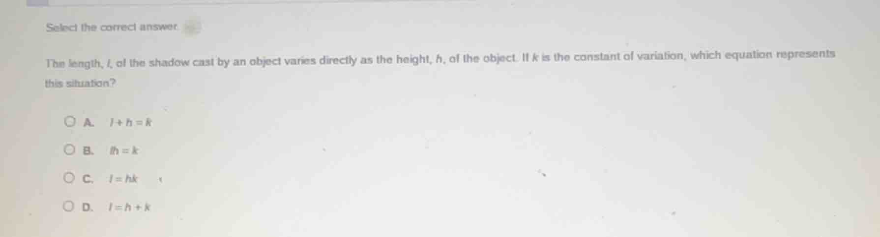 select the correct answer the length, ( l ), of the shadow cast by an o…