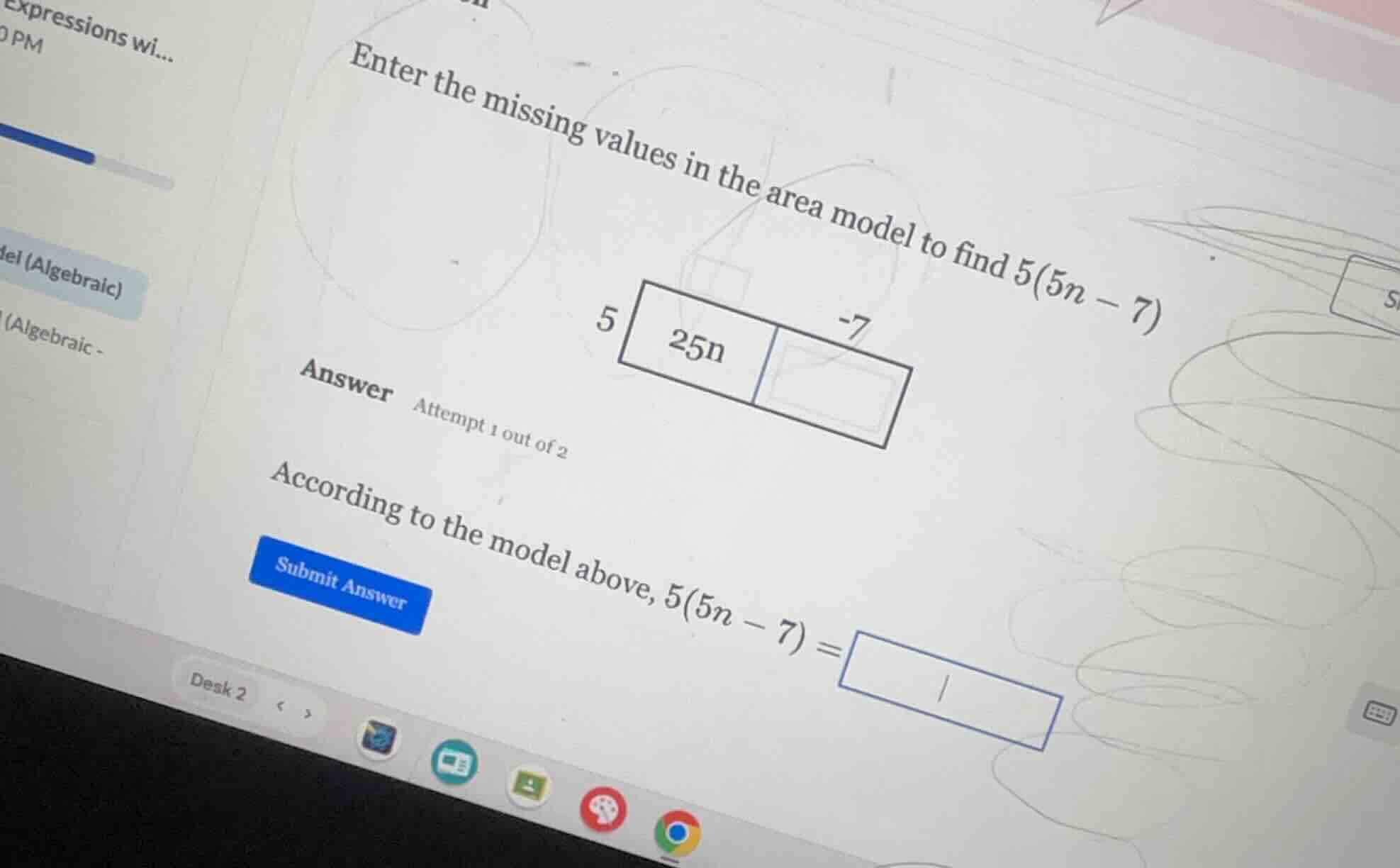 enter the missing values in the area model to find $5(5n - 7)$ answer a…