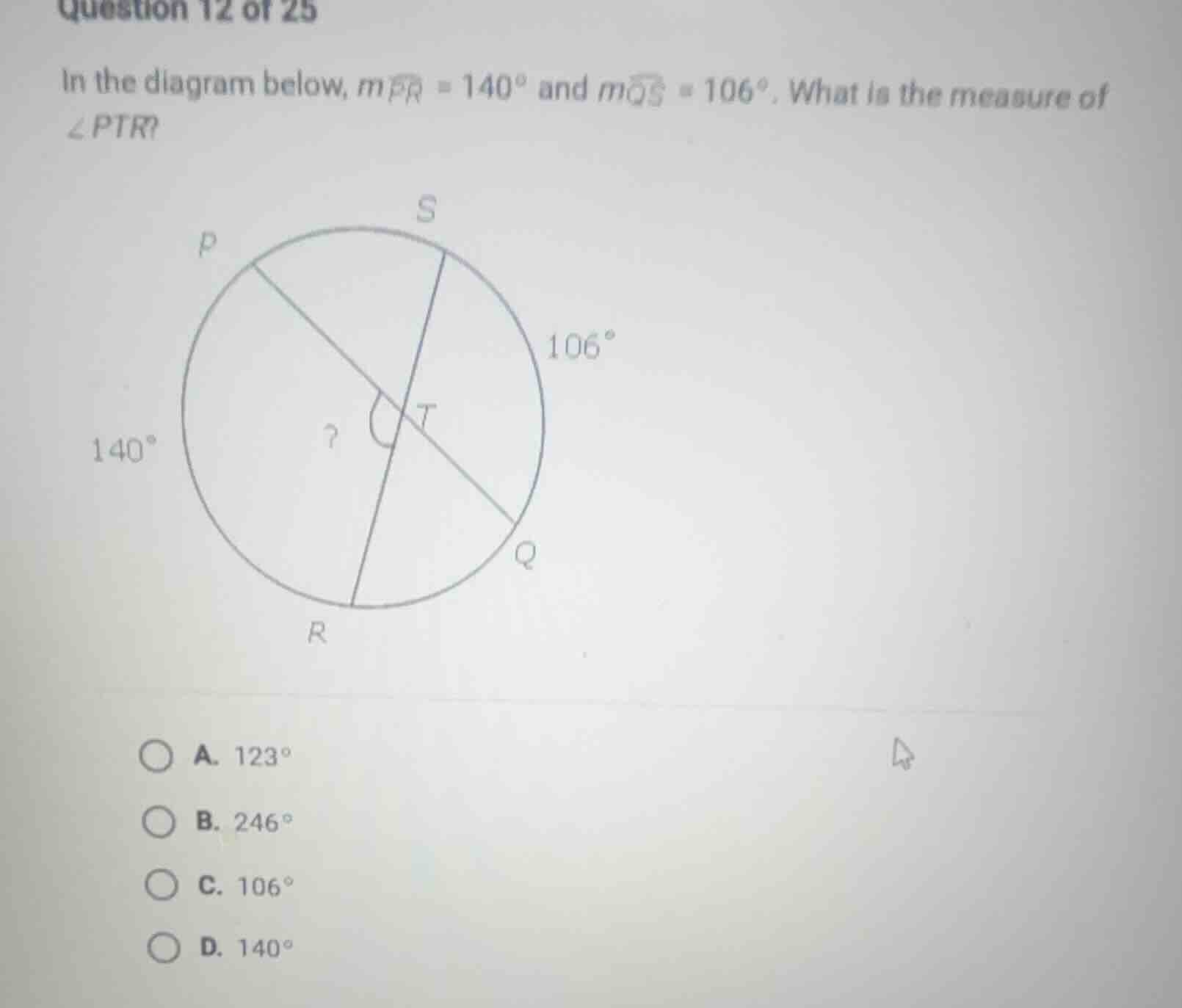 question 12 of 25 in the diagram below, ( moverarc{pr} = 140^circ ) and…