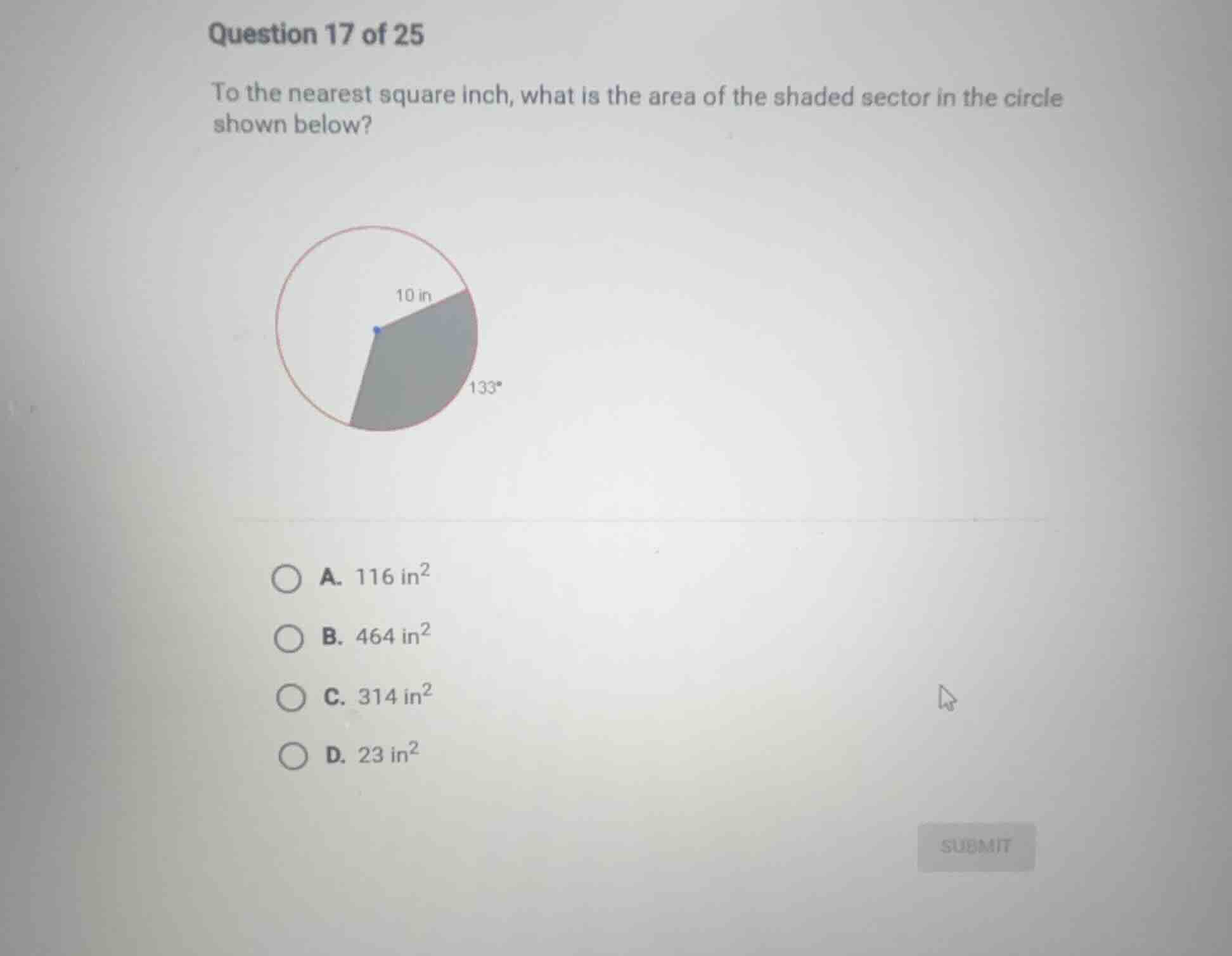 question 17 of 25 to the nearest square inch, what is the area of the s…