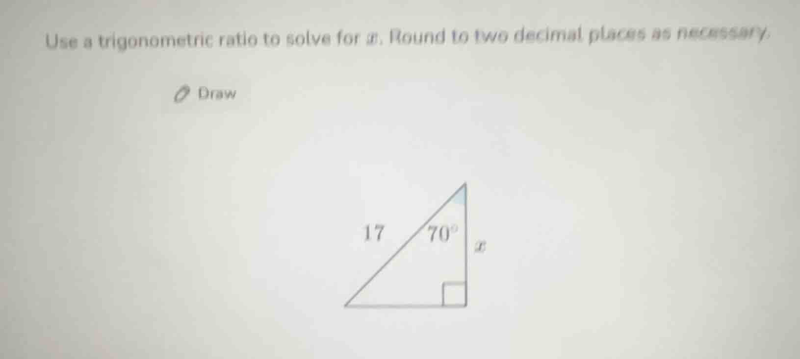 use a trigonometric ratio to solve for ( x ). round to two decimal plac…