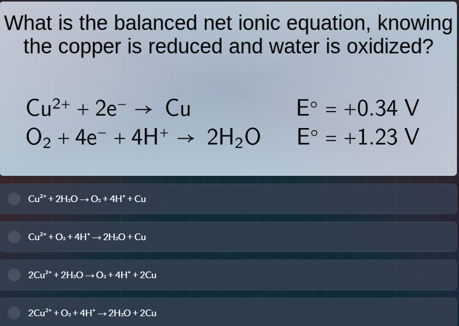 what is the balanced net ionic equation, knowing the copper is reduced …