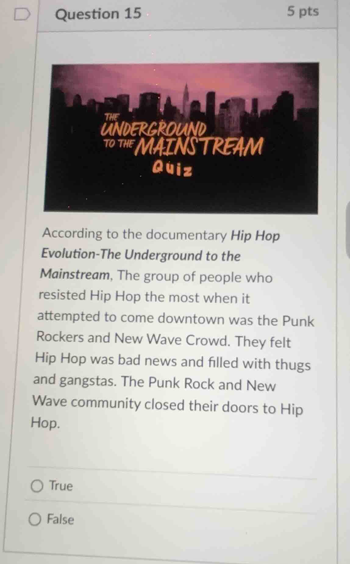 question 15 5 pts according to the documentary hip hop evolution - the …