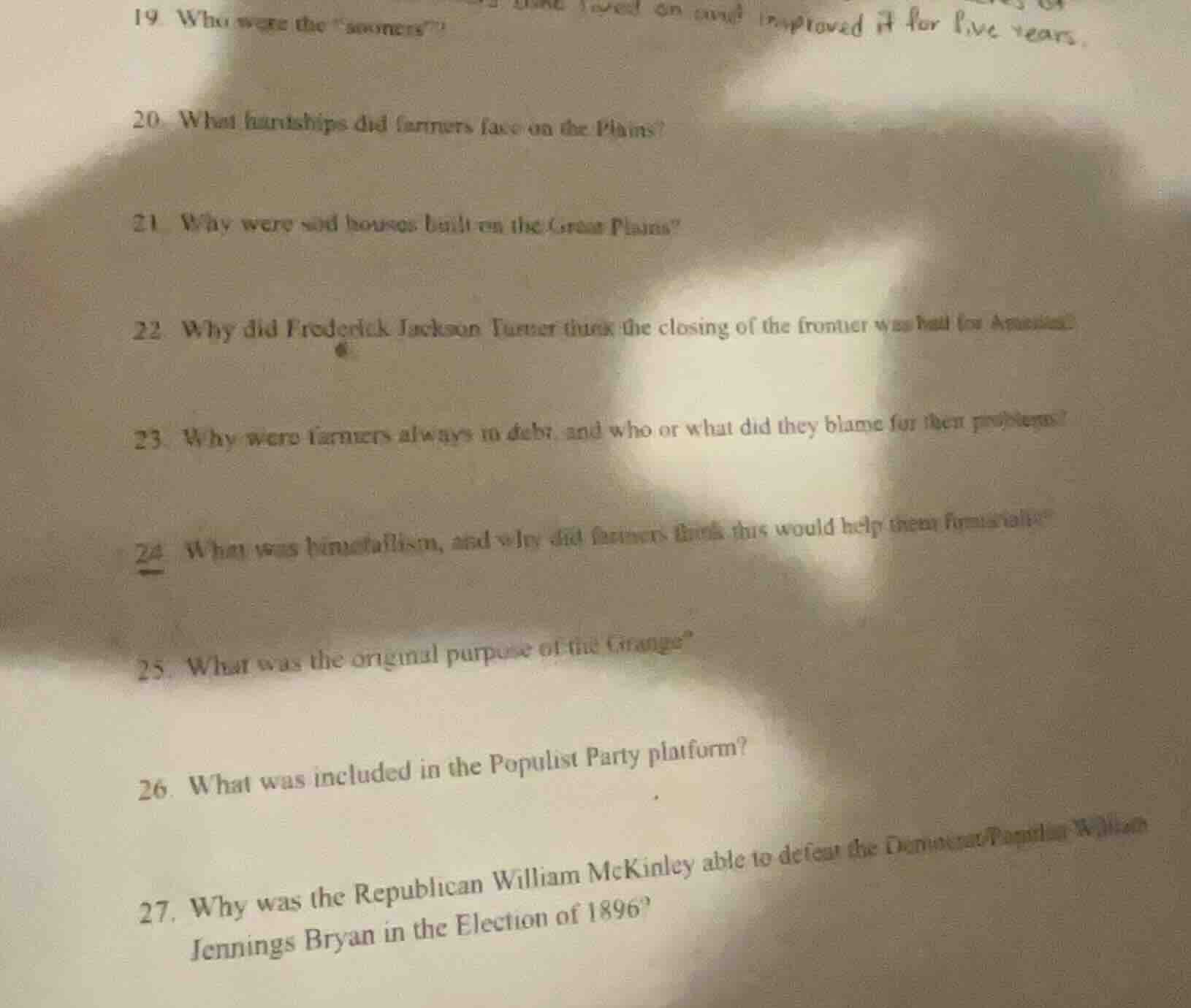 19. who were the \sooners\? 20. what hardships did farmers face on the …
