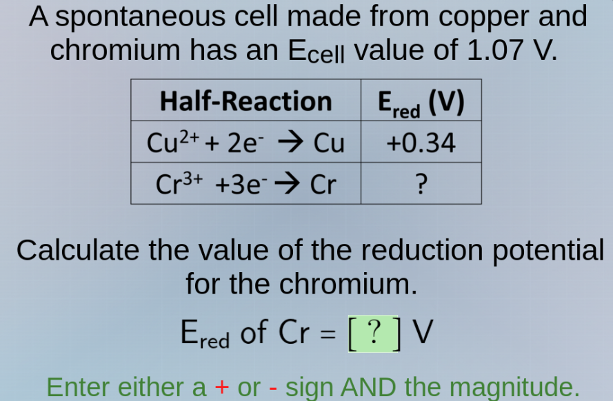 a spontaneous cell made from copper and chromium has an ( e_{\text{cell…