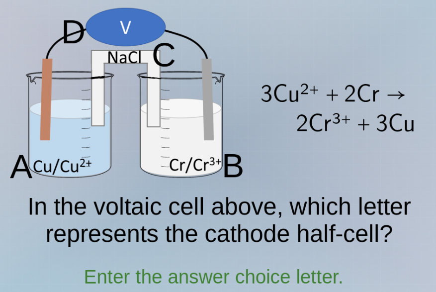 3cu²⁺ + 2cr → 2cr³⁺ + 3cu in the voltaic cell above, which letter repre…