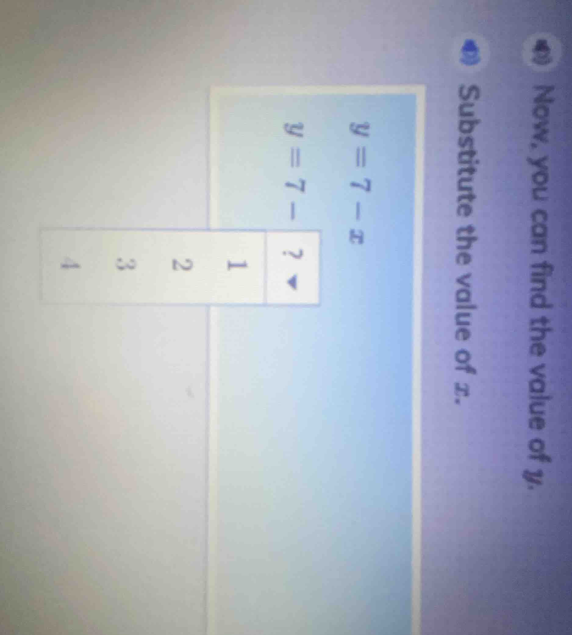 now, you can find the value of y. substitute the value of x. y = 7 - x …