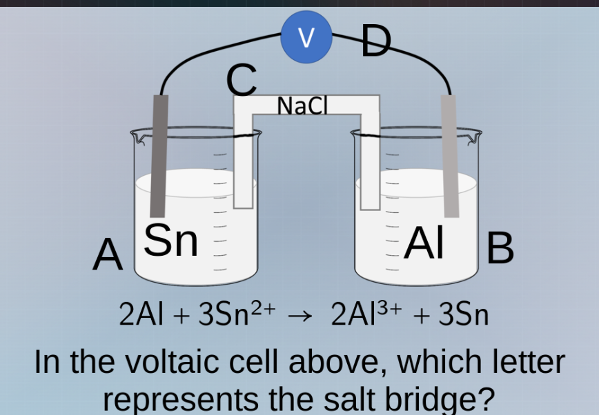 2al + 3sn²⁺ → 2al³⁺ + 3sn in the voltaic cell above, which letter repre…