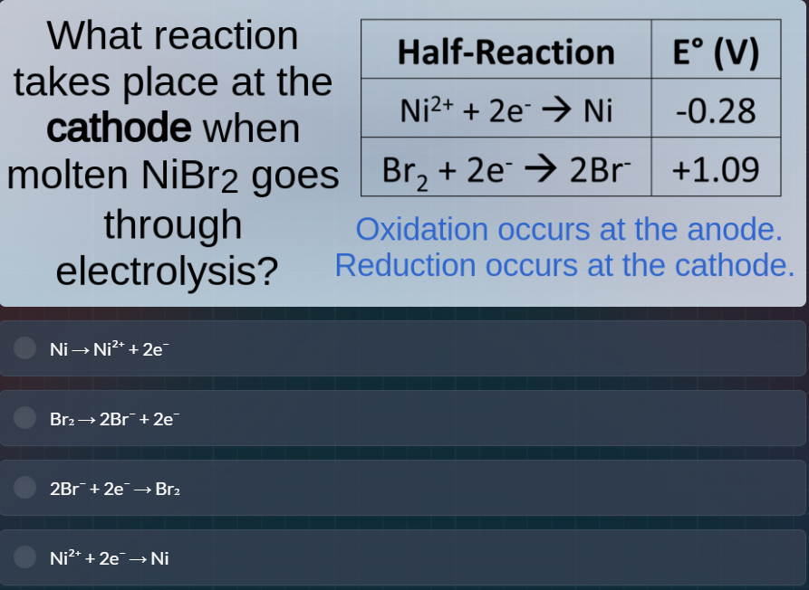 what reaction takes place at the cathode when molten nibr₂ goes through…